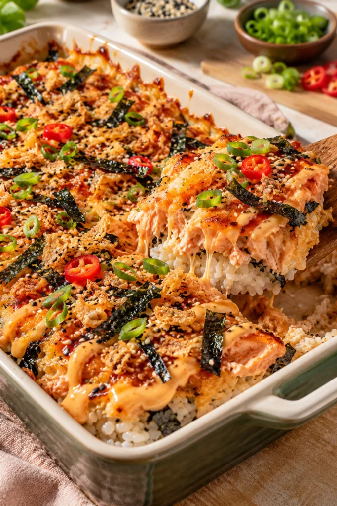 Viral spicy Salmon Sushi Bake with creamy spicy salmon, sriracha, spicy mayo, crispy onions, nori and sesame seeds.