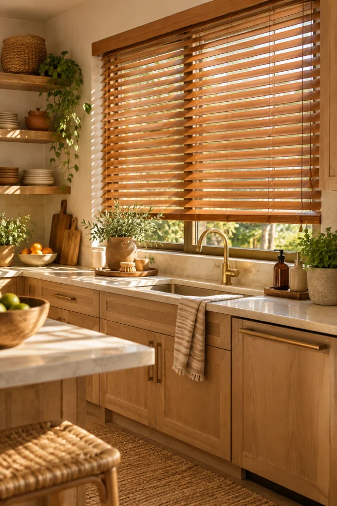 Warm wooden kitchen blinds paired with oak cabinetry, natural stone, greenery, and textured kitchen accessories.