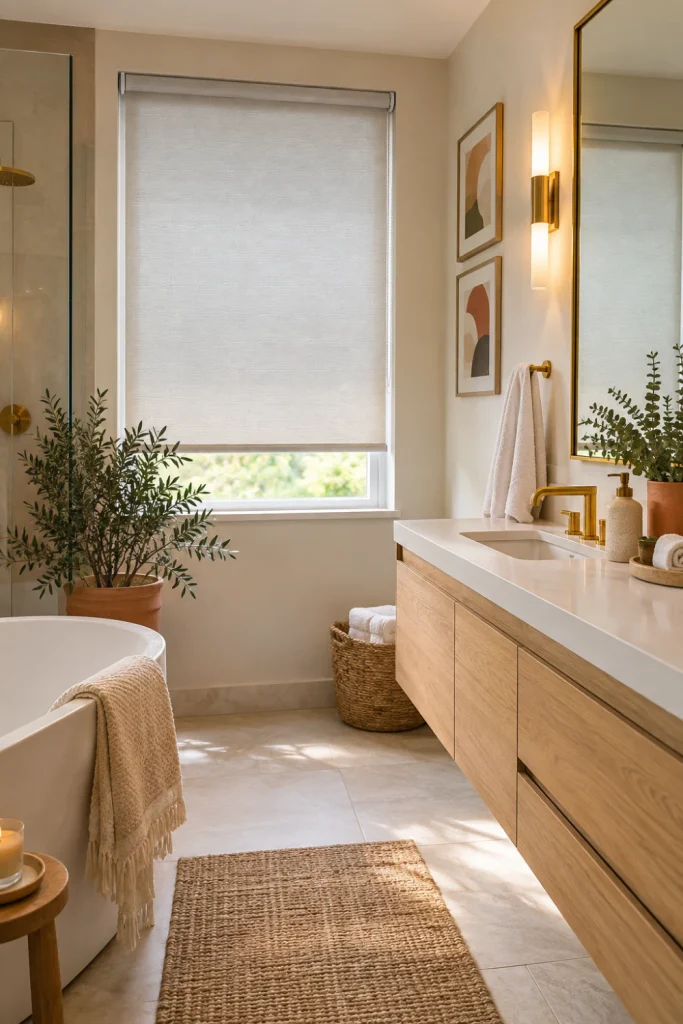 Modern waterproof Bathroom Blinds with a neutral roller blind covering a bright contemporary bathroom window.