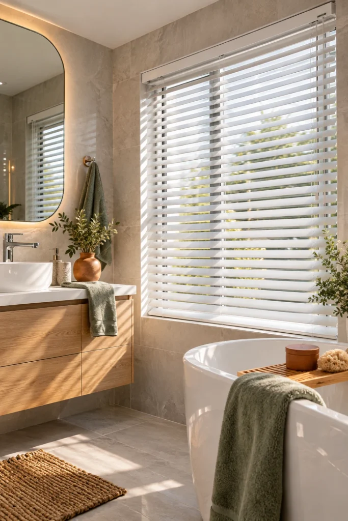Modern waterproof Venetian Bathroom Blinds with adjustable white slats controlling sunlight in a contemporary bathroom.
