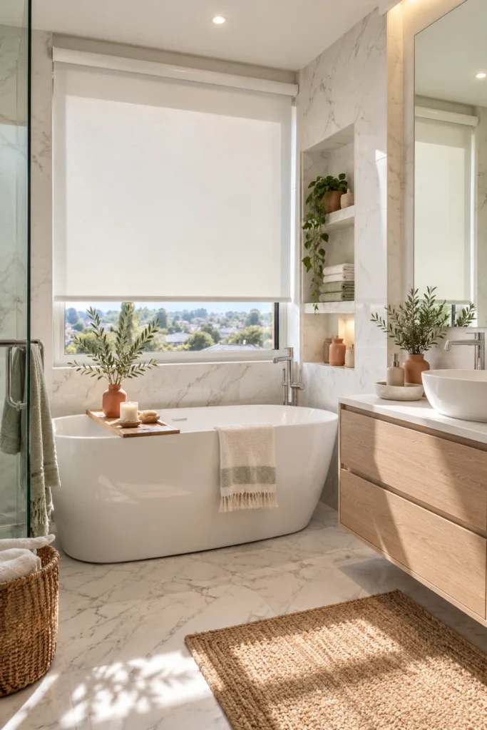 Crisp white Bathroom Blinds brightening a modern bathroom with marble surfaces, natural daylight and clean contemporary styling.