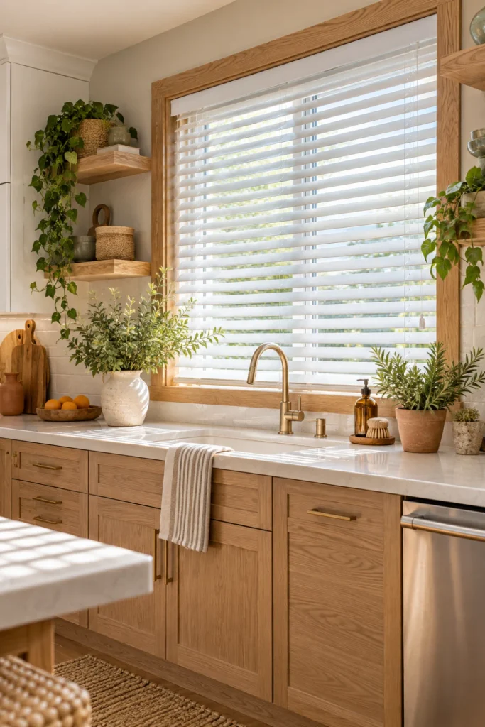 Layered white and wooden kitchen blinds in a modern warm kitchen with oak cabinetry and natural accents.