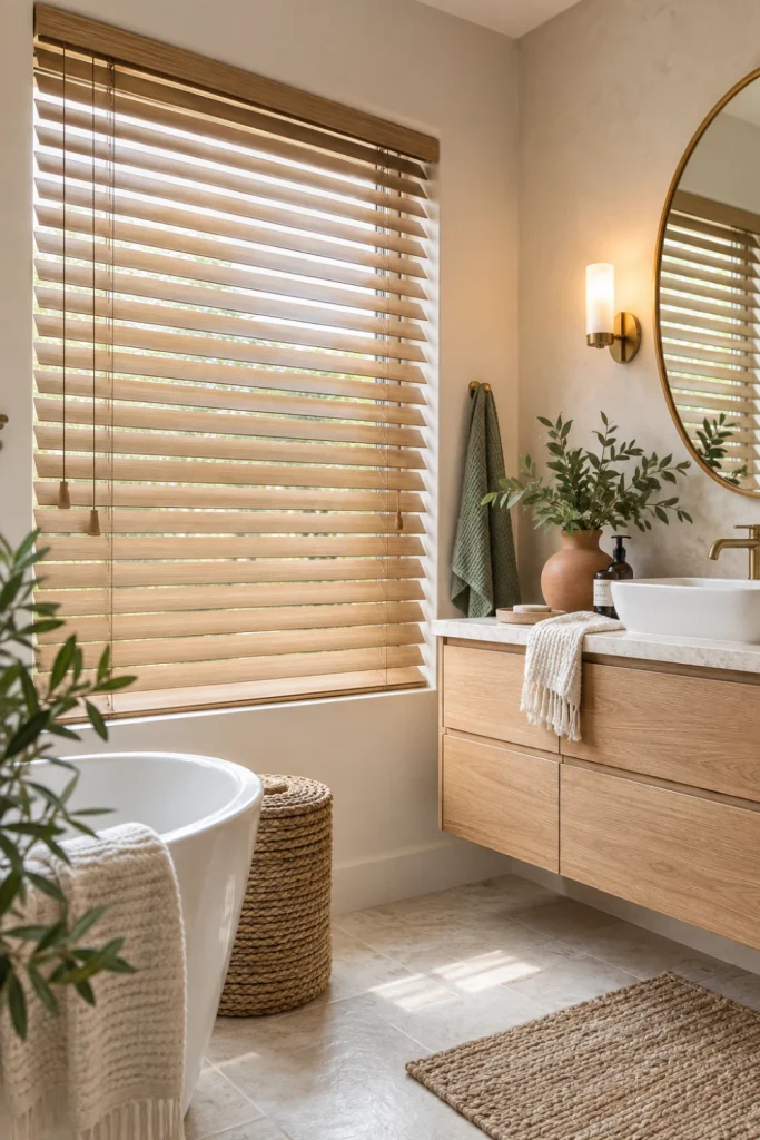 Warm wood-look waterproof Bathroom Blinds paired with natural oak cabinetry in a modern bathroom.