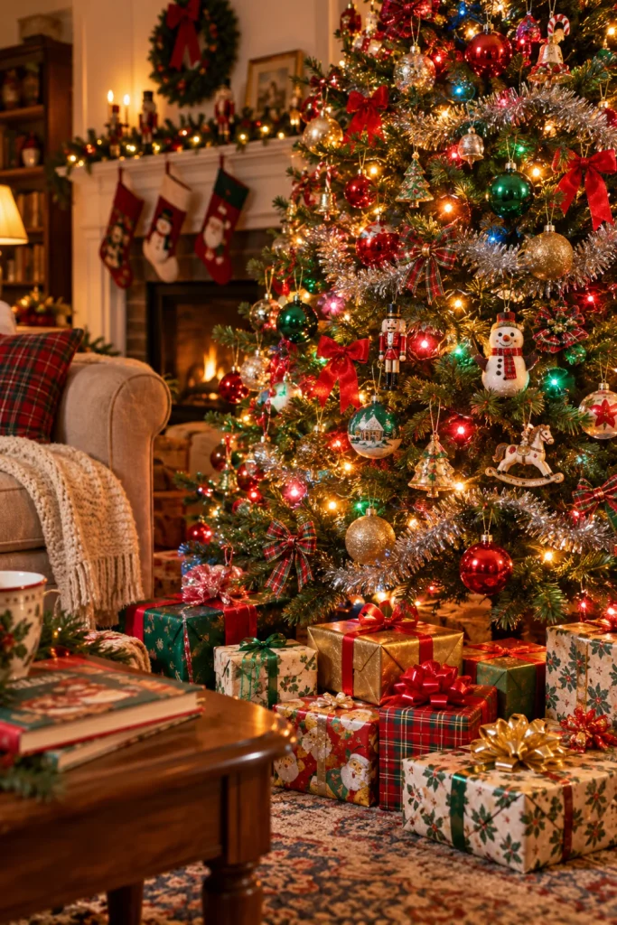 Nostalgic 90s Christmas aesthetic with a traditional tree, multicolored lights, silver tinsel, vintage ornaments, and brightly wrapped gifts.