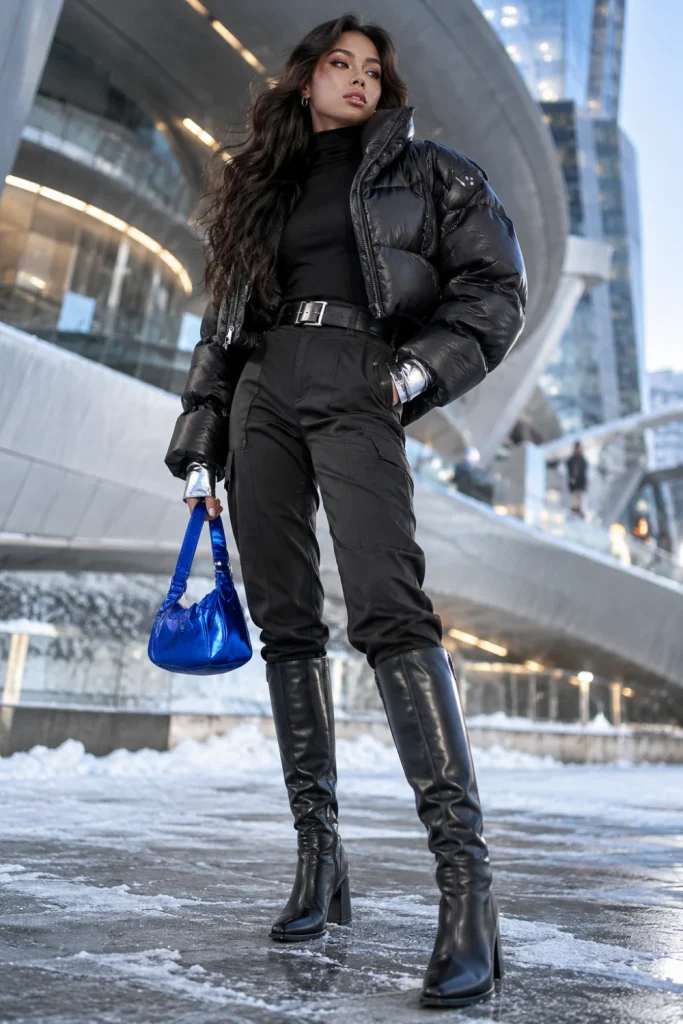 Aespa-inspired futuristic winter outfit featuring a monochrome black base, cropped puffer jacket, silver accessories and sleek boots.