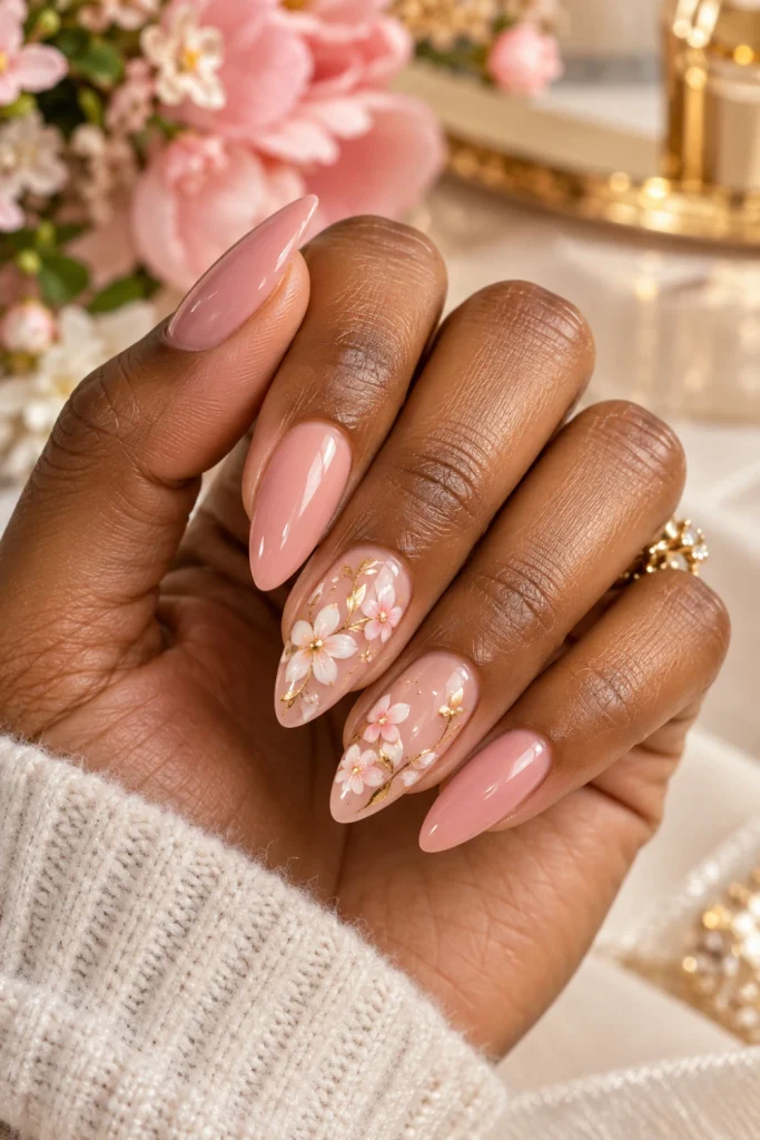 Almond nail art with blush nude polish, delicate white floral details and subtle gold accents on elegant almond-shaped nails.