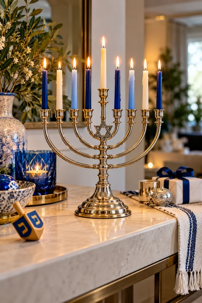 Elegant Hanukkah menorah with candles on a neutral console table decorated with blue accents and understated silver ornaments.