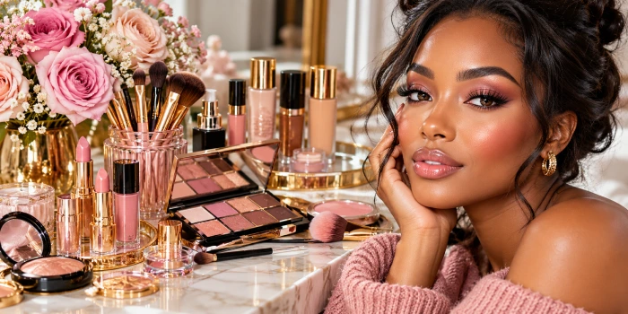 Beauty and makeup inspiration ideas featuring elegant eye makeup, glowing skin, rosy blush, defined lashes, and beautiful lip colors for a stunning look.