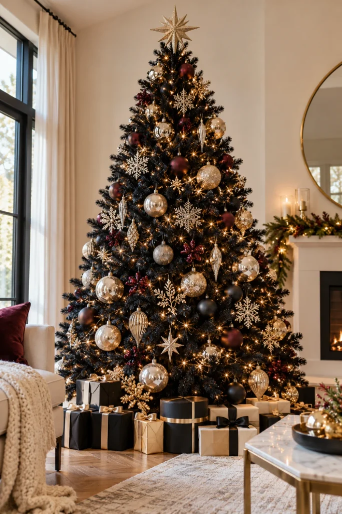 Modern black Christmas tree decorated with champagne-gold baubles, silver snowflakes, warm fairy lights and neutral gift boxes in a contemporary living room.