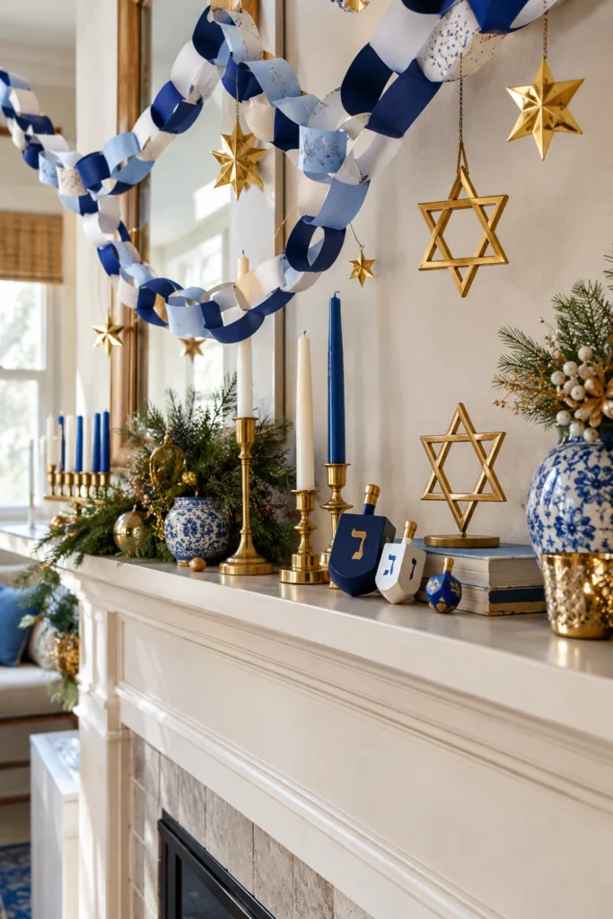 Modern Hanukkah decorations featuring navy-blue and white paper chains, gold stars, Star of David ornaments and neutral mantel styling.