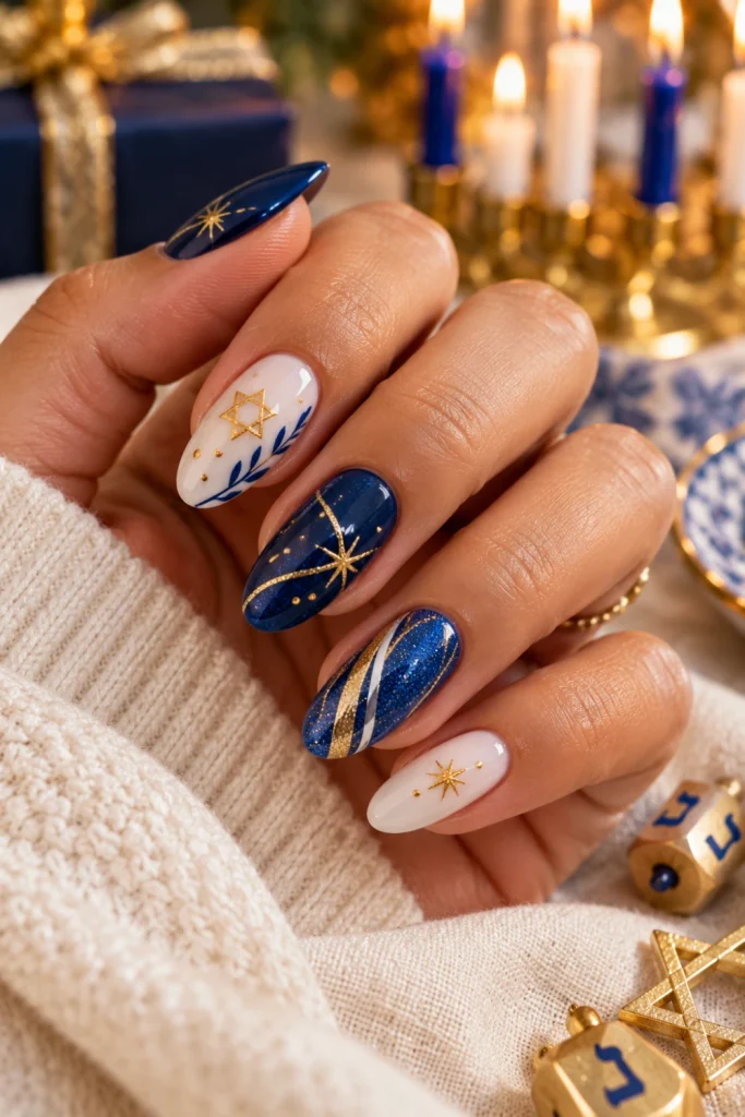 Blue and gold Hanukkah nail designs featuring navy polish, milky white nails, delicate gold stars and metallic accents.