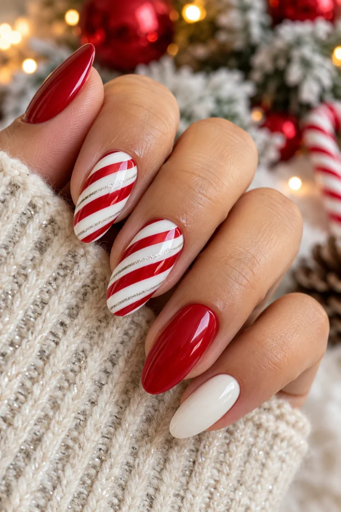 Candy-cane Christmas nail designs featuring glossy white polish, diagonal cherry-red stripes and festive almond-shaped nails.