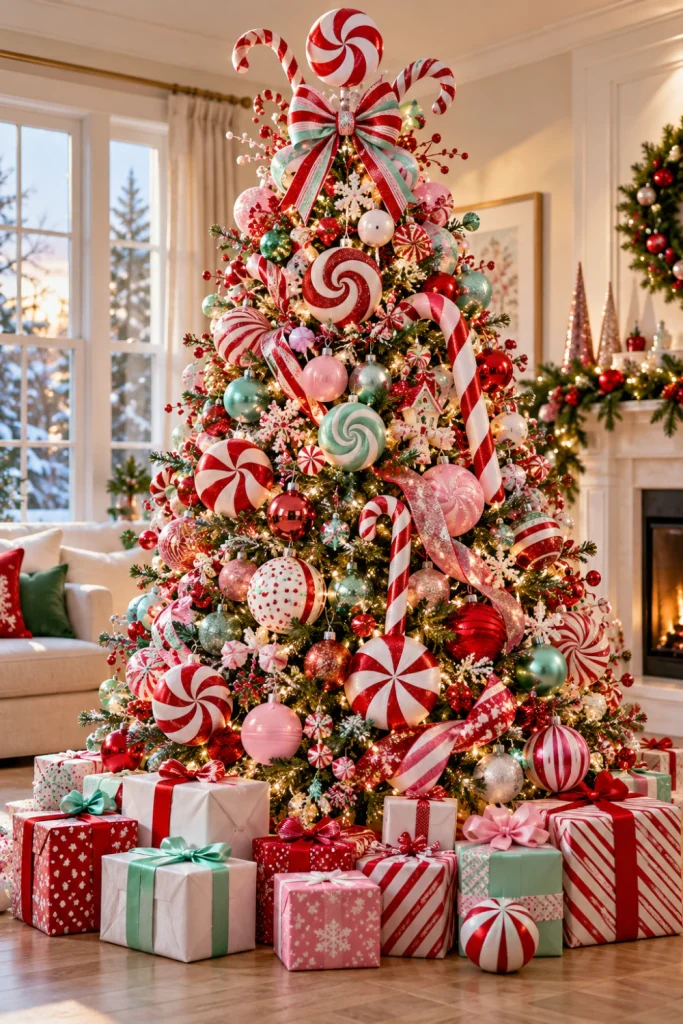 Candy Land Christmas tree decorated with oversized peppermint ornaments, candy canes, striped ribbons and colorful red, pink, white and mint-green baubles.