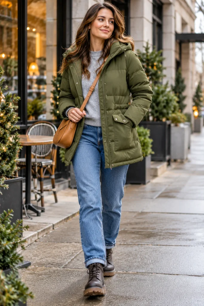 Woman wearing an olive insulated casual winter jacket with a grey sweatshirt, straight-leg jeans and sturdy walking boots.