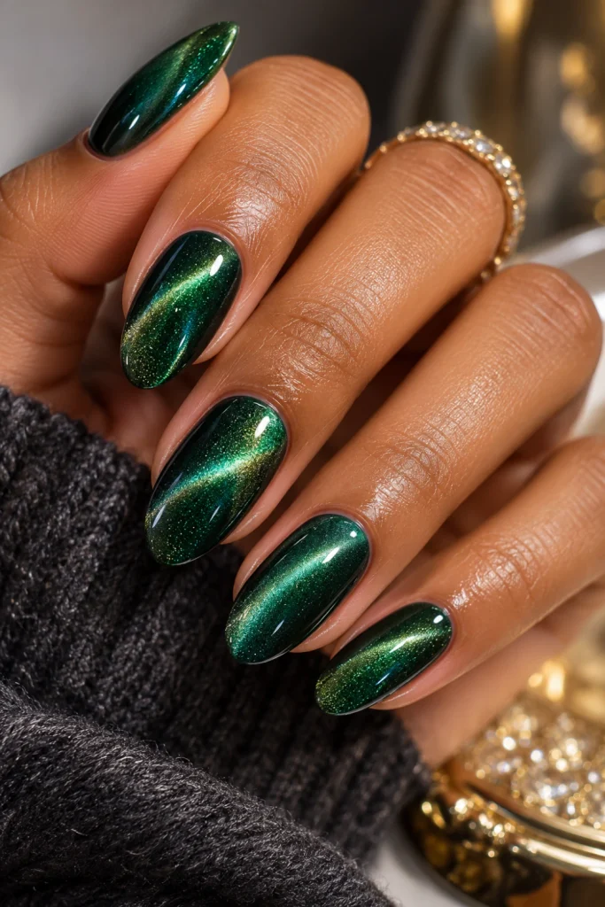 Cat eye nail design with deep emerald gel polish, dimensional magnetic shimmer and a luminous diagonal highlight.