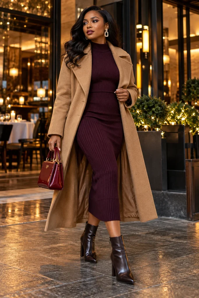 Chic going-out winter outfit with a fitted knit dress, tailored wool coat, ankle boots, evening bag and statement earrings.