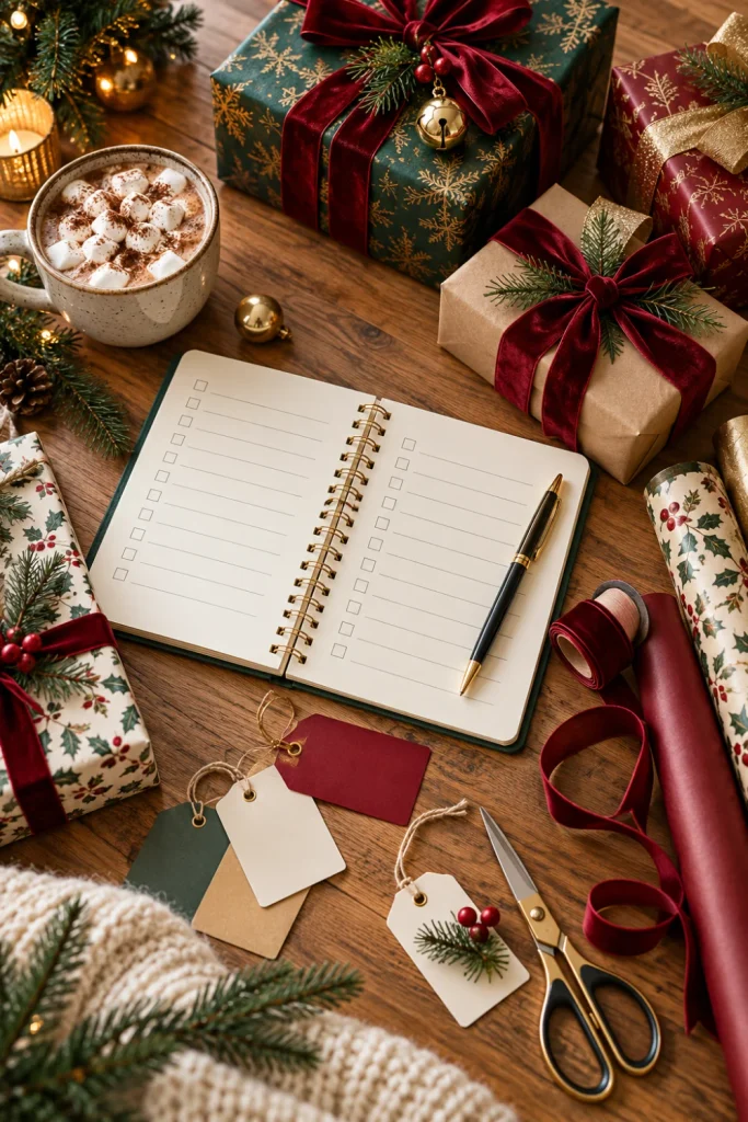 Christmas list planning flat lay with an open blank notebook, pen, wrapped gifts, gift tags, red and green ribbons, and evergreen decorations.
