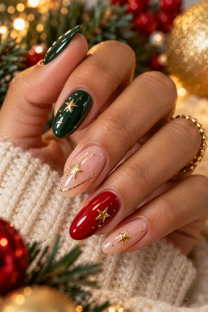 Christmas nail art ideas featuring delicate gold stars on nude and forest-green nails with a glossy elegant finish.