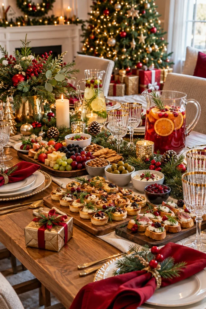 Festive Christmas party table featuring holiday finger foods, red napkins, evergreen foliage, gold decorations, glassware, and warm fairy lights.