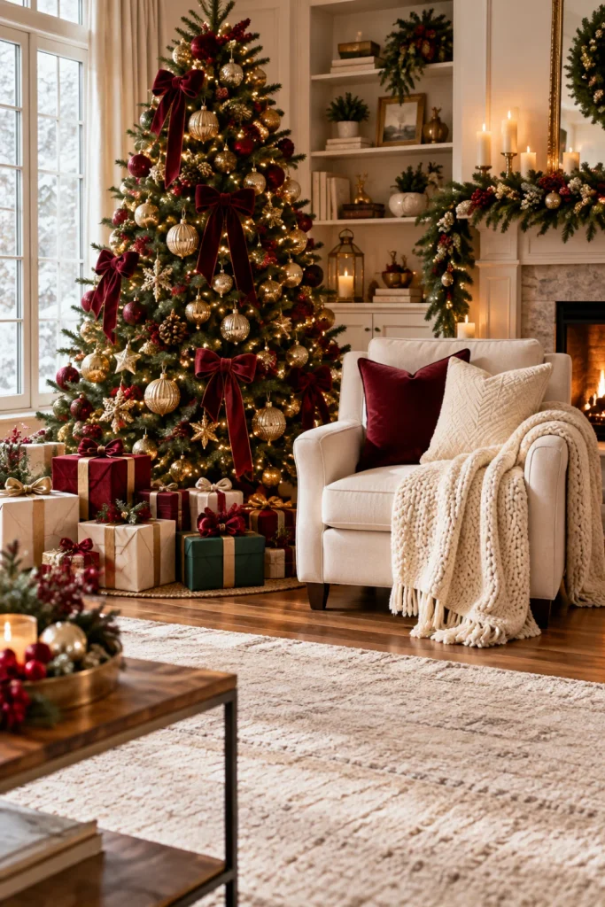Cozy Christmas photoshoot setup with a cream armchair, decorated evergreen tree, burgundy ribbons, gold ornaments, and wrapped presents.