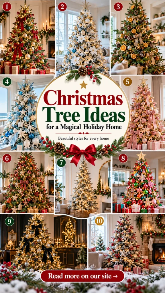 A decorated green Christmas tree stands in a cozy living room, illuminated by warm white fairy lights and adorned with red and gold baubles, decorative ribbons, and festive ornaments. The tree creates a traditional holiday display with a warm, inviting atmosphere.
