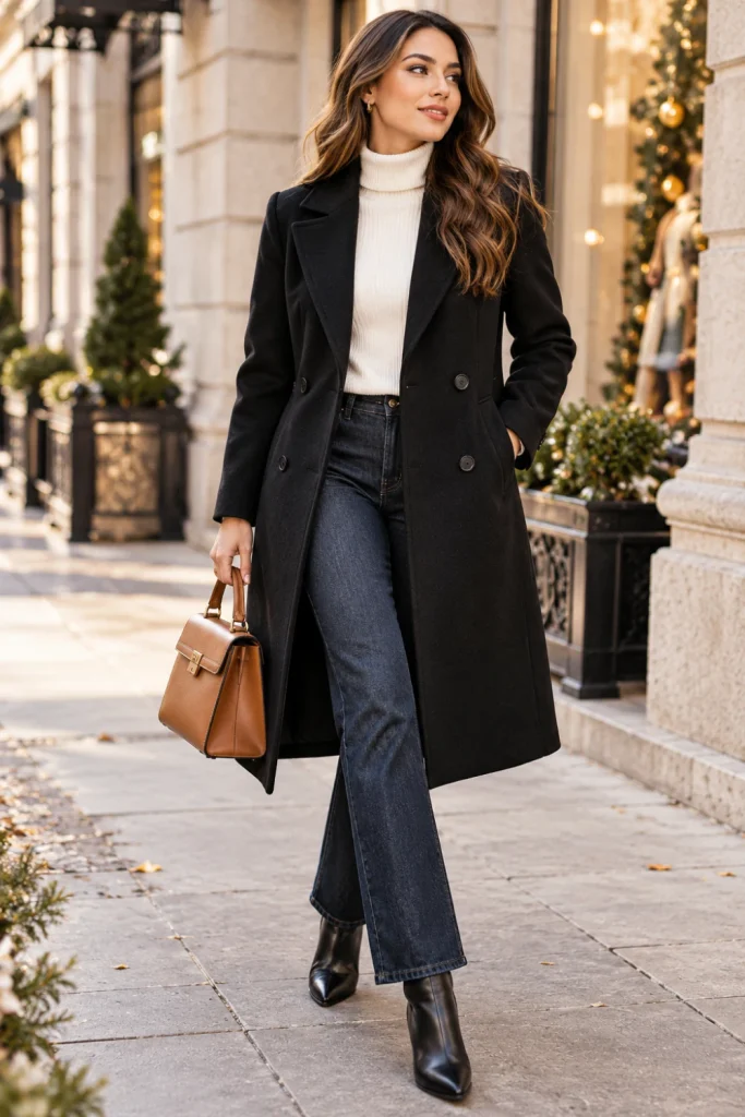 Woman wearing a classic black tailored winter coat over a cream turtleneck with straight-leg jeans, black ankle boots and a structured handbag.