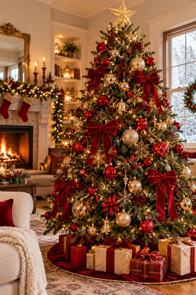 Classic green Christmas tree decorated with red baubles, velvet ribbon, gold ornaments and warm-white lights in a traditional festive living room.