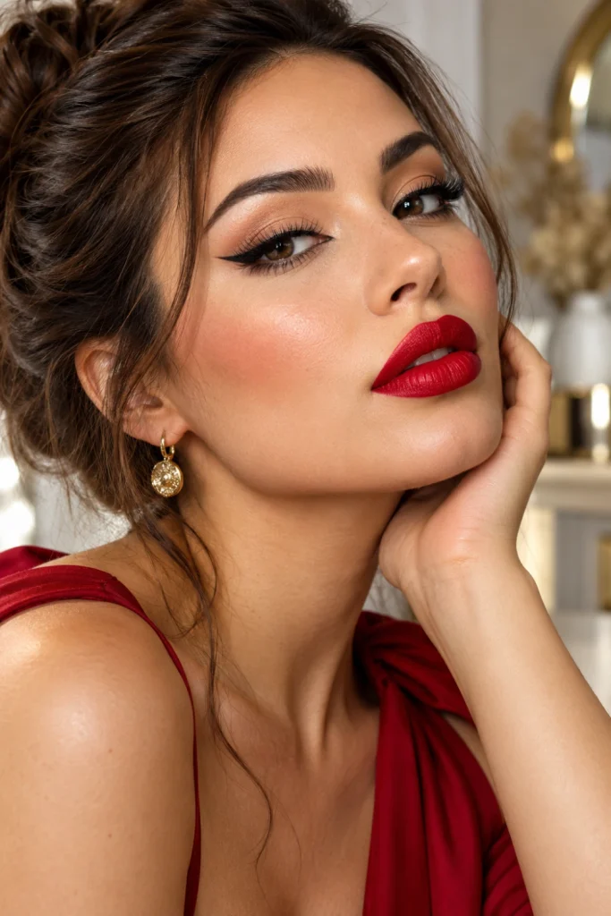 Classic beauty makeup featuring bold red lipstick, precise black winged eyeliner, defined eyelashes and natural-looking luminous skin.