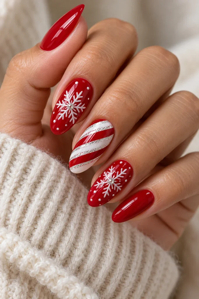Red and white Christmas nails with glossy cherry-red polish, delicate white snowflakes, candy-cane stripes and festive almond-shaped tips.