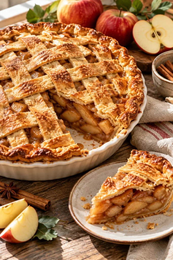 Golden Thanksgiving apple pie with lattice crust, cinnamon apples and flaky browned pastry.