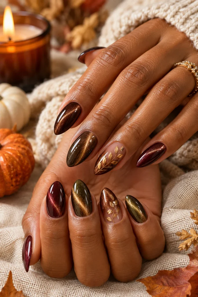 Classy fall cat-eye Thanksgiving nails in deep chocolate, burgundy and copper with reflective magnetic polish.