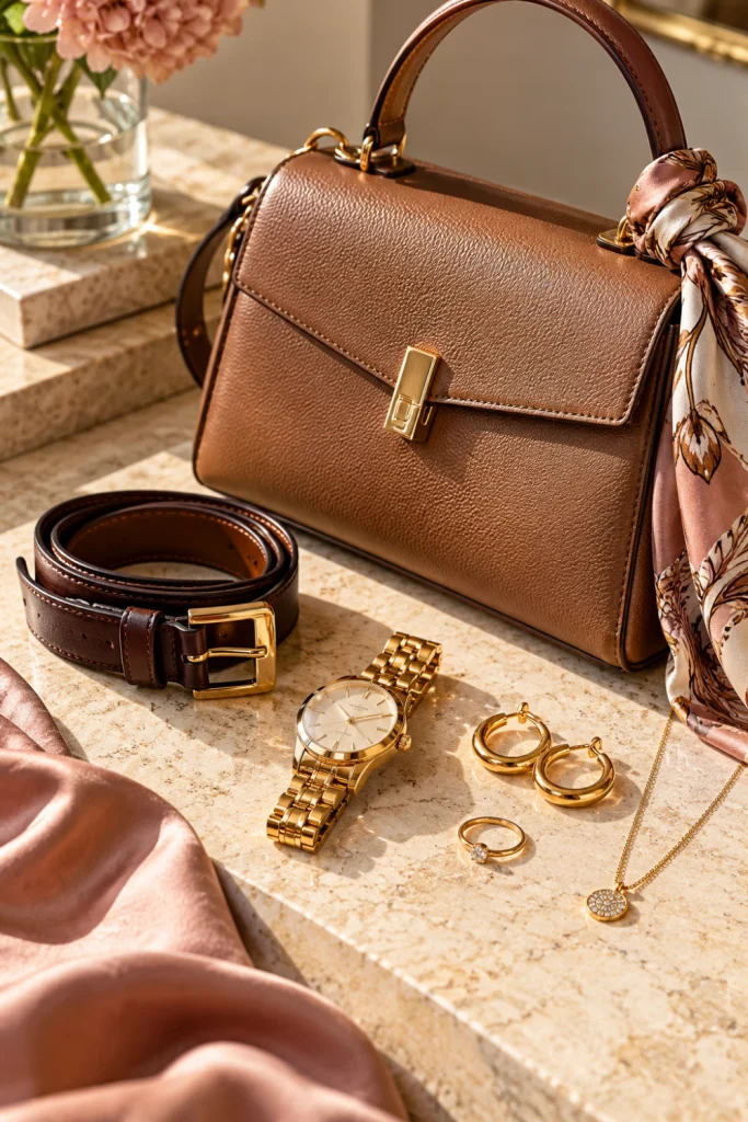 Classy women's accessories featuring a structured taupe handbag, gold-tone watch, delicate jewelry and a slim leather belt on an ivory surface.