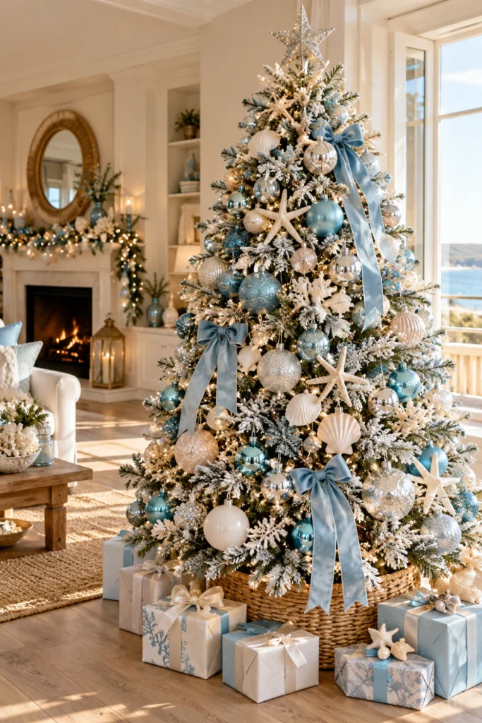 Coastal Christmas tree decorated with icy-blue and silver baubles, pearl-white ornaments, seashell accents and natural woven textures in a bright beach-inspired living room.Coastal Christmas tree decorated with icy-blue and silver baubles, pearl-white ornaments, seashell accents and natural woven textures in a bright beach-inspired living room.