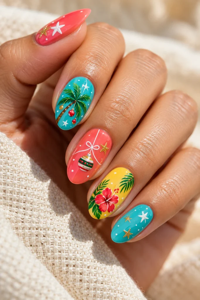 Summer Christmas nails featuring turquoise, coral and sunshine-yellow polish with white stars and tropical festive nail art.