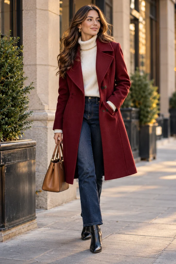 Woman wearing a rich burgundy winter coat over a cream knit sweater with dark denim, black boots and a neutral handbag.
