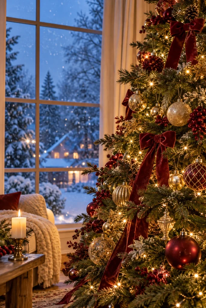Cozy Christmas wallpaper featuring a glowing evergreen tree with gold ornaments and burgundy ribbons beside a snowy winter window.