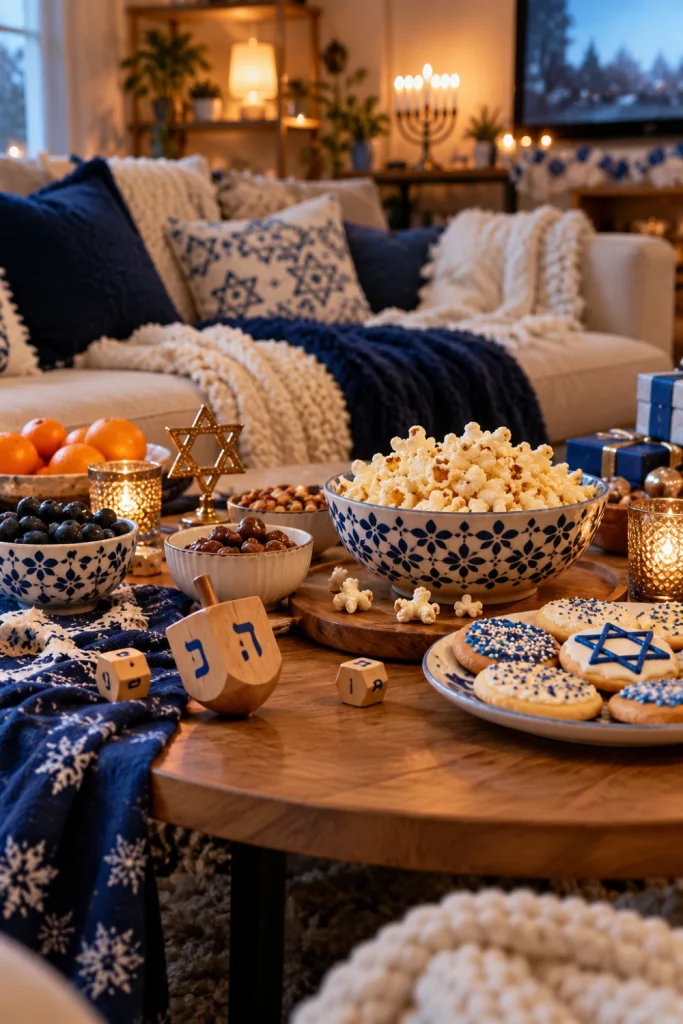 Cozy Hanukkah family game night with a wooden dreidel, popcorn, cookies, soft blankets and navy-blue cushions in a warm living room.