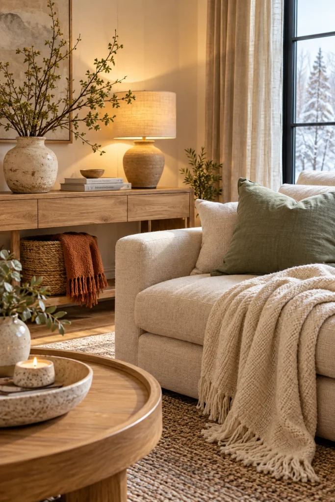 Cozy January home decor with a cream sofa, sage-green cushion, fresh branches in a ceramic vase and a softly lit wooden console.