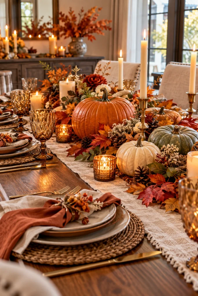 Cozy Thanksgiving table with pumpkins, fall leaves, candles, linen runner, pinecones and dried flowers.