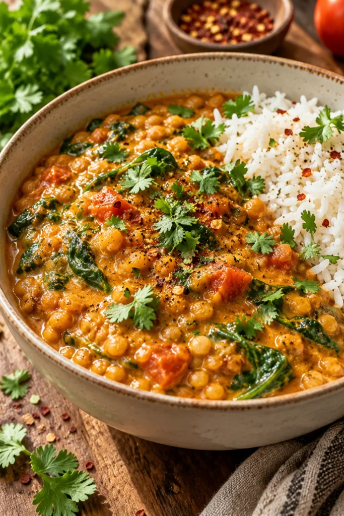 Cozy vegan lentil curry with coconut milk, tomatoes, lentils, spinach and aromatic spices served with rice.