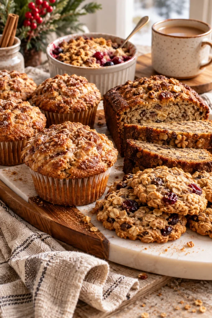 Cozy winter baking assortment with cinnamon muffins, banana bread, oatmeal cookies and warm seasonal desserts.
