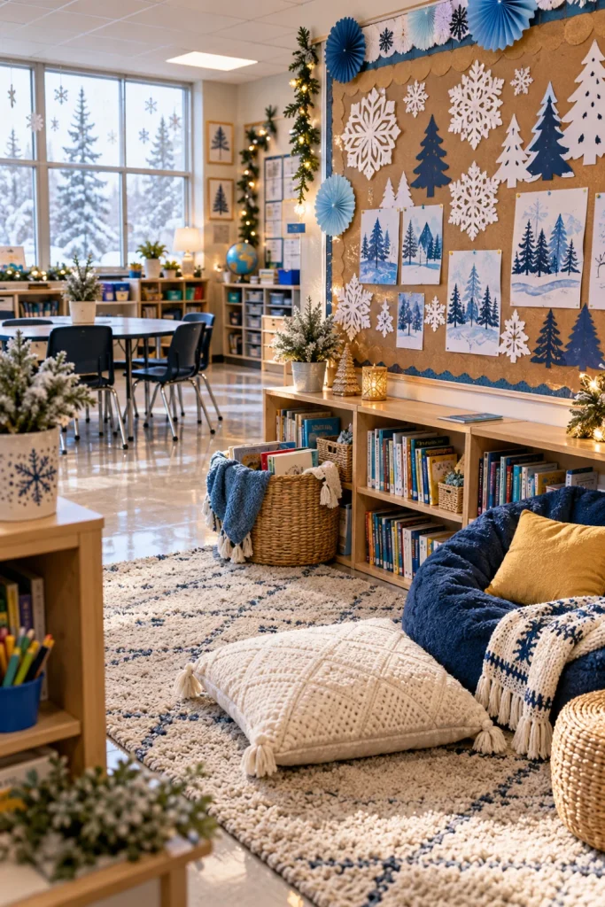 Cozy winter classroom decor with paper snowflakes, blue and white bulletin board accents, student artwork and a reading corner with cushions and books.