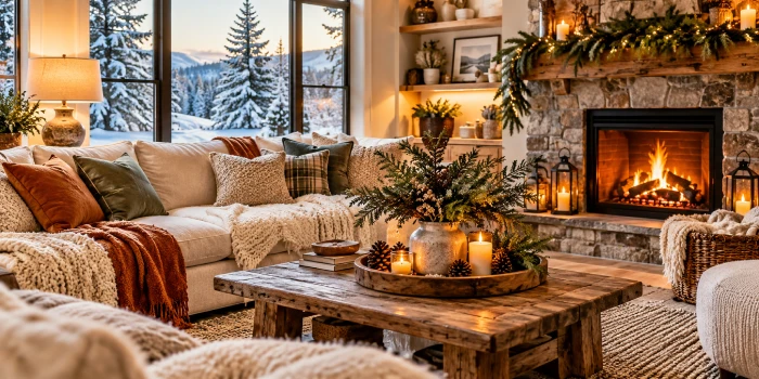 Cozy winter decor ideas featuring a warm, beautiful living room with soft knit blankets, neutral cushions, warm lighting, natural greenery, and elegant seasonal accents.