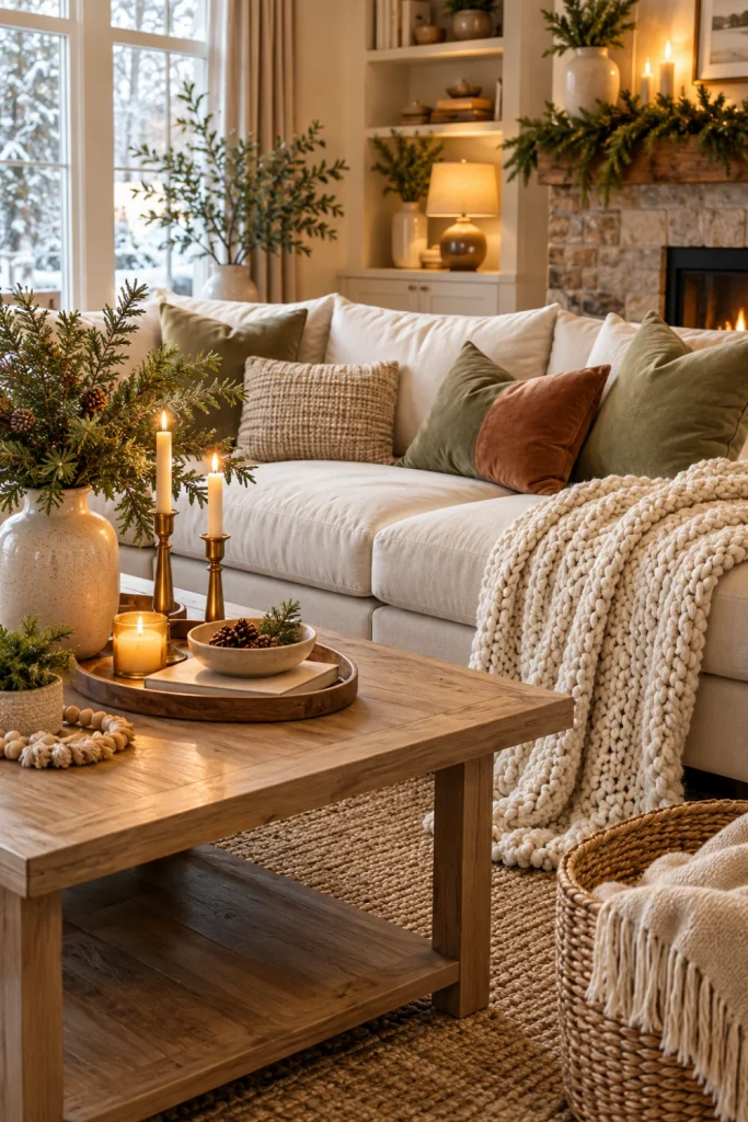 Cozy winter decor with subtle evergreen branches, brass candleholders, cream blankets, sage cushions and natural wood accents for a post-Christmas living room.