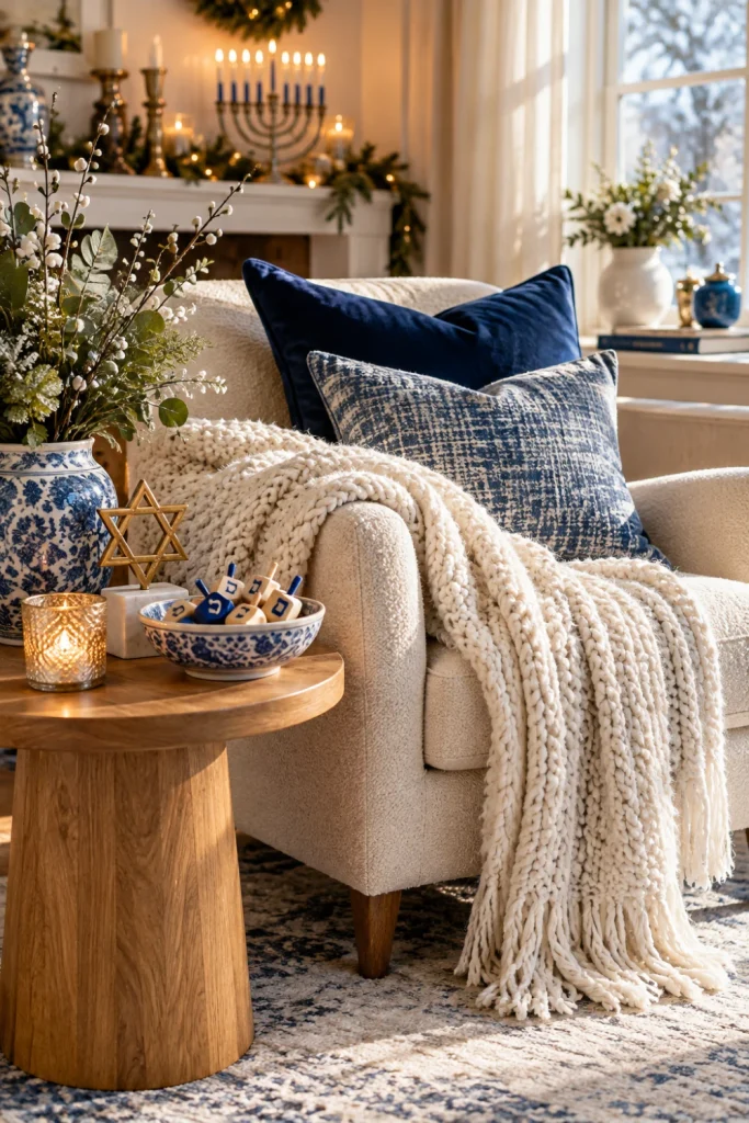 Cozy Hanukkah winter aesthetic corner with cream throw blanket, navy cushions, blue-and-white decorations and natural wood furniture.
