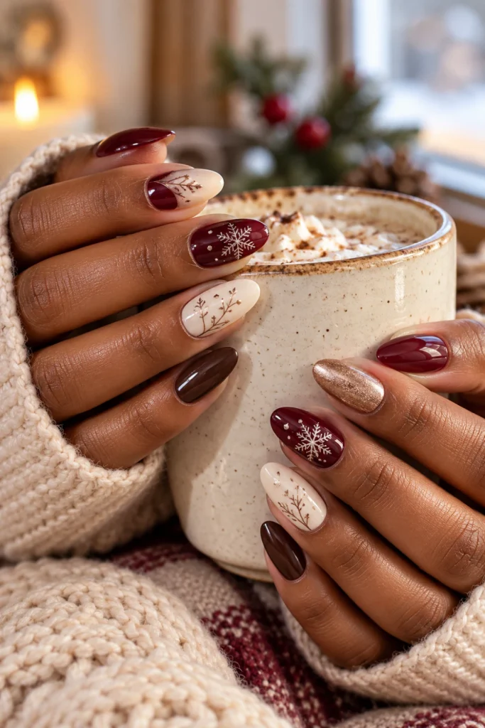 Cozy winter nails featuring burgundy, chocolate brown, creamy white and subtle seasonal nail details.
