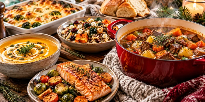 Cozy winter recipes featuring easy, healthy cold-weather meals with hearty ingredients, warm soups, roasted vegetables, and comforting seasonal dishes.