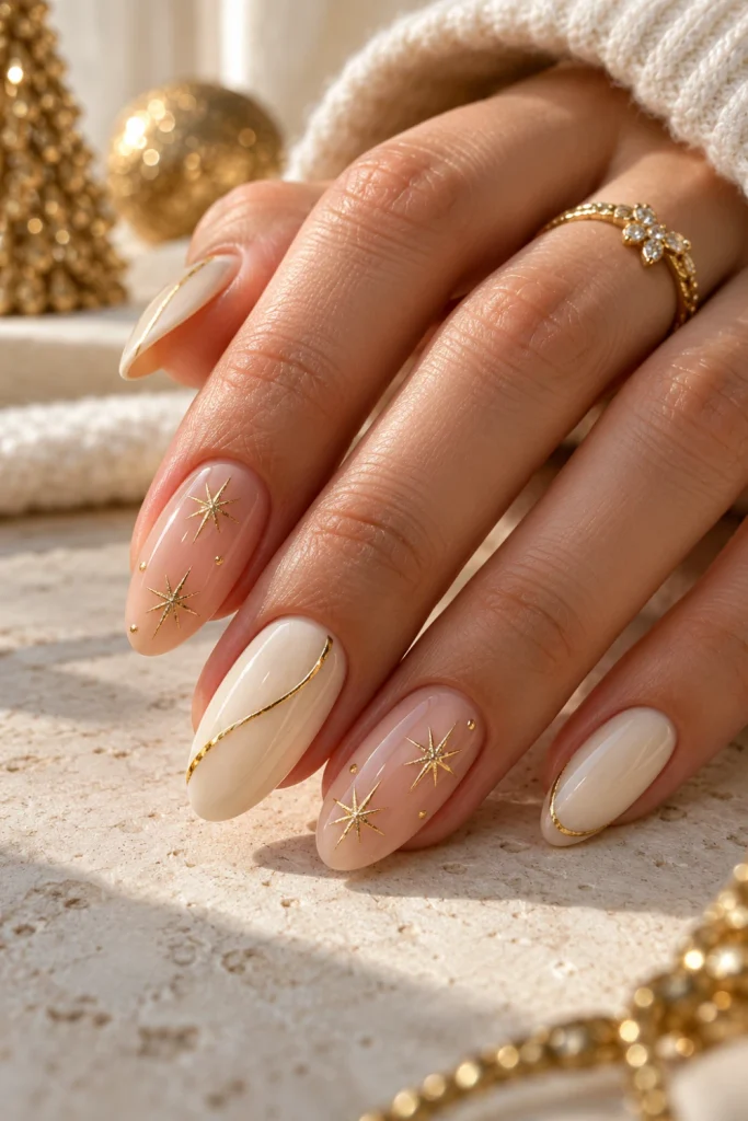 Christmas nails aesthetic with milky cream polish, delicate gold stars, fine metallic lines and elegant almond-shaped nails.