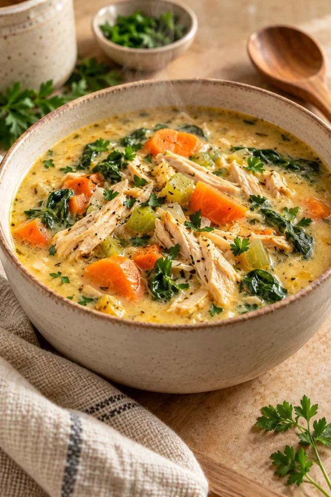 Creamy chicken and vegetable soup with tender chicken, carrots, celery, herbs and spinach in a cozy winter setting.