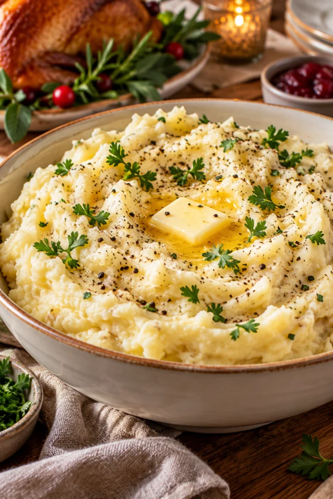 Creamy Thanksgiving mashed potatoes with butter, black pepper, herbs and rich smooth texture.